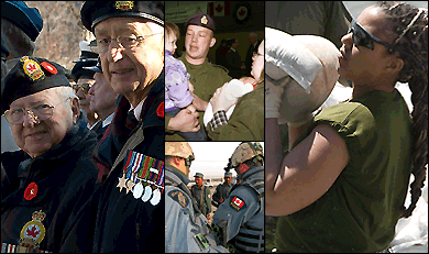 Le Caporal-chef Horst Hensel passe quelques moments avec sa femme et ses deux jeunes enfants peu avant de partir en mission dans le Sud Ouest de l’Asie - Deux vétérans canadiens aînés à la cérémonie du jour du Souvenir au Monument commémoratif de guerre du Canada, à Ottawa, le 11 novembre 2007 - Des membres de la Gendarmerie royale du Canada et de la Police militaire canadienne au district de police no 5, en Afghanistan - Un membre du 26e Régiment d’artillerie de campagne à Brandon, au Manitoba, passe des sacs de sable à une chaîne de soldats durant une inondation