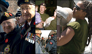 12: Master Corporal Horst Hensel shares a few moments with his wife and two young children shortly before departing for duty in southwest Asia. - 13: Two senior Canadian Veterans at the Remembrance Day ceremony at the National War Monument in Ottawa on November 11, 2007. - 14: Members of the Royal Canadian Mounted Police and Canadian Military Police in Police District number 5, Afghanistan. - 15: A member of 26th Field Artillery Regiment in Brandon, Manitoba passes sandbags through a chain of soldiers during a flood