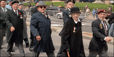 Veterans parade as part of the 2008 Commemoration of the Battle of the Atlantic at the National War Memorial in Ottawa.