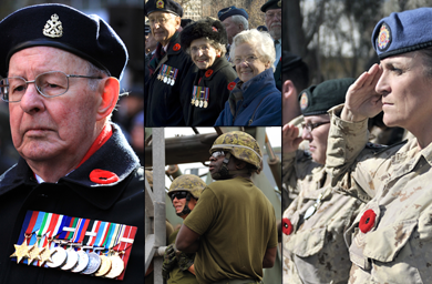 Vétéran de la Deuxième Guerre mondiale à la cérémonie du jour du Souvenir 2011, à Toronto (gauche) / Vétérans aux cérémonies du jour du Souvenir 2007, à Ottawa (milieu, photo du haut) / Intervention interarmées des Forces canadiennes en réponse à la dévastation de l’ouragan Igor à Terre-Neuve, le 21 septembre 2010 (milieu, photo du bas) / Membres du groupement tactique du 1er Bataillon, The Royal Canadian Regiment, durant une cérémonie du jour du Souvenir 2012 dans l’enceinte du groupement tactique (droite).